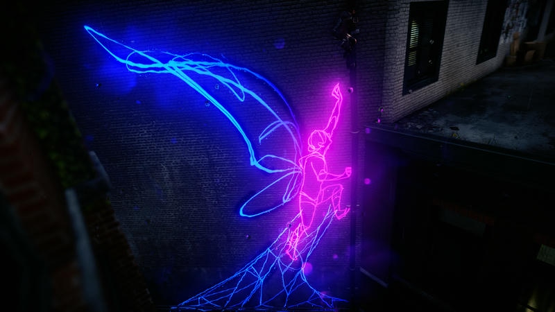 neon art of a person getting out of a web with butterfkly wings